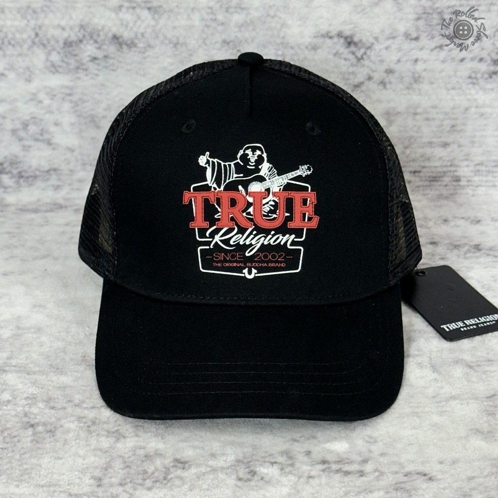 NWT True Religion Buddha Trucker Hat Black Mesh Snapback MSRP $59.00
